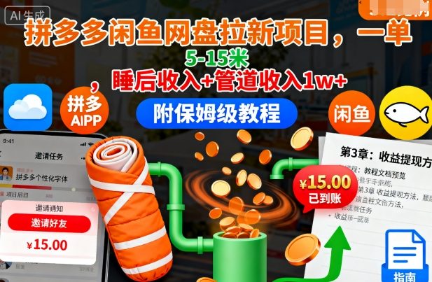 拼多多闲鱼网盘拉新项目，一单5-15米，睡后收入+管道收入1w+(附保姆级教程)-优优云网创