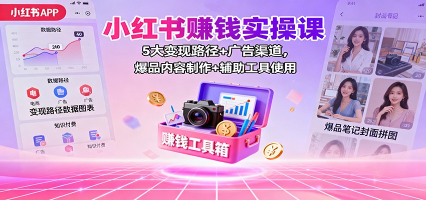小红书赚钱实操课：5大变现路径+广告渠道，爆品内容制作+辅助工具使用-优优云网创