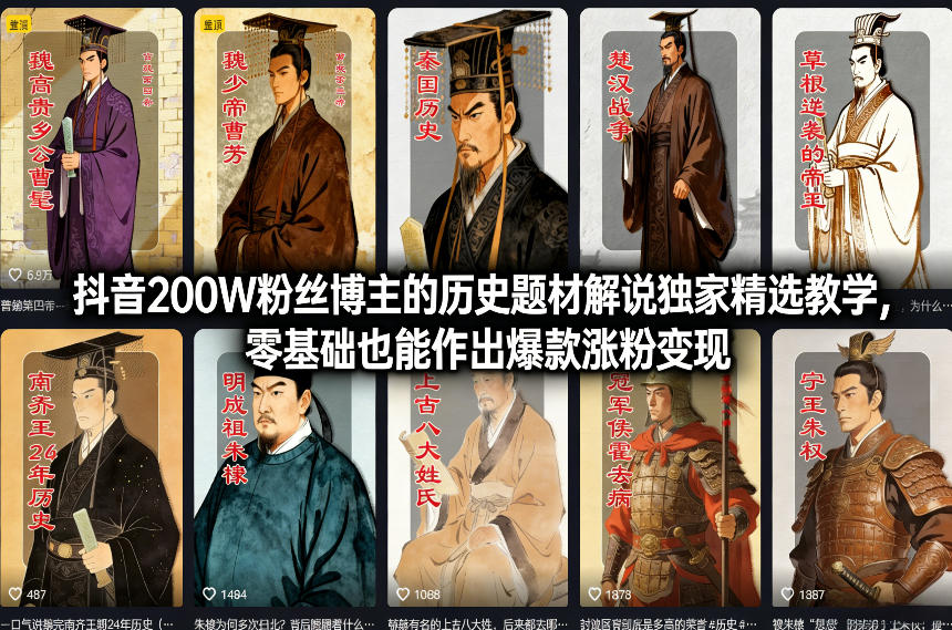 抖音200W粉丝博主的历史题材解说独家精选教学，零基础也能作出爆款涨粉变现-优优云网创
