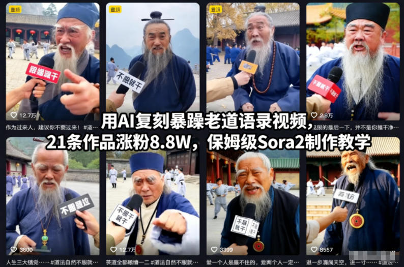 用AI复刻暴躁老道语录视频，21条作品涨粉8.8W，保姆级Sora2制作教学-优优云网创