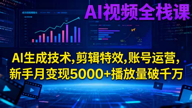 AI视频全栈课:AI生成技术,剪辑特效,账号运营,新手月变现5000+播放量破千万-优优云网创
