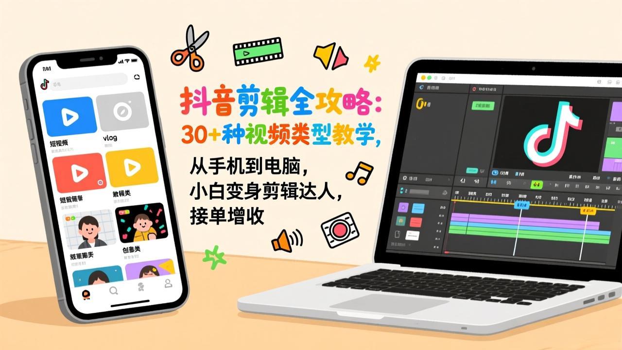 抖音剪辑全攻略：30+种视频类型教学，从手机到电脑，小白变身剪辑达人，接单增收-优优云网创