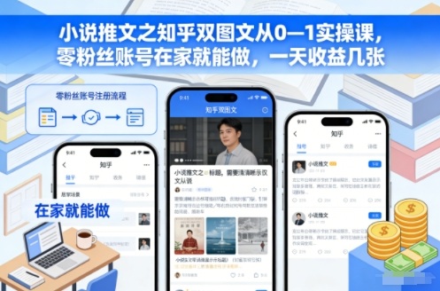 小说推文之知乎双图文从0—1实操课，零粉丝账号在家就能做，一天收益几张-优优云网创