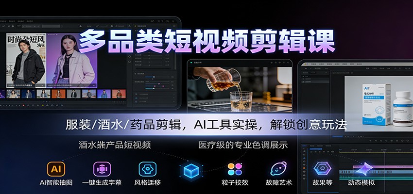 多品类短视频剪辑课:服装/酒水/药品剪辑,AI工具实操,解锁创意玩法-优优云网创