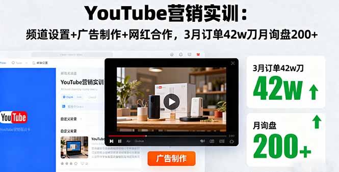 YouTube营销实训：频道设置+广告制作+网红合作，3月订单42w刀月询盘200+-优优云网创