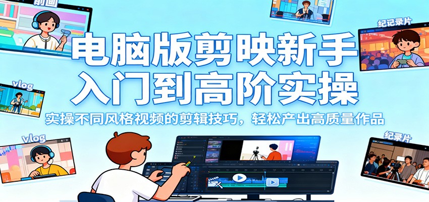 电脑版剪映新手入门到高阶实操，实操不同风格视频的剪辑技巧，轻松产出高质量作品-优优云网创