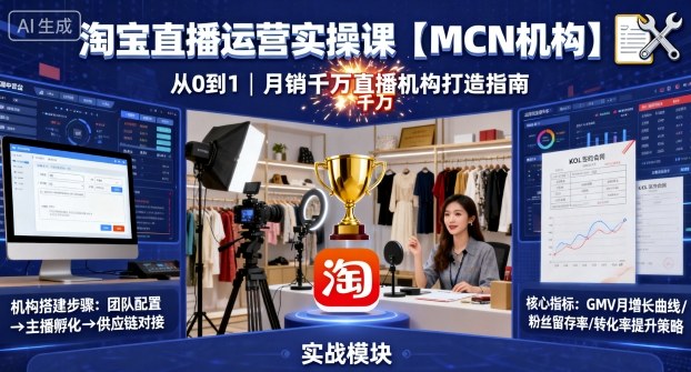 淘宝直播运营实操课【MCN机构】，从0到1做一家月销千W的直播机构-优优云网创