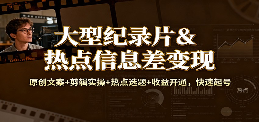 大型纪录片&热点信息差变现：原创文案+剪辑实操+热点选题+收益开通，快速起号-优优云网创