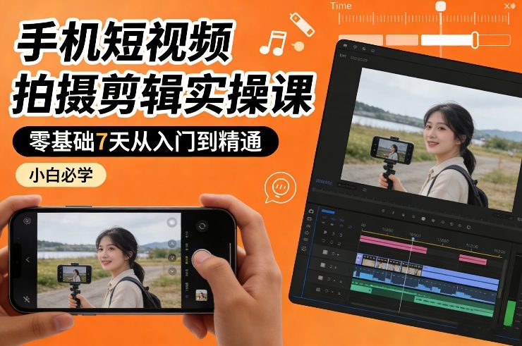 手机短视频拍摄剪辑实操课，零基础7天从入门到精通，小白必学-优优云网创