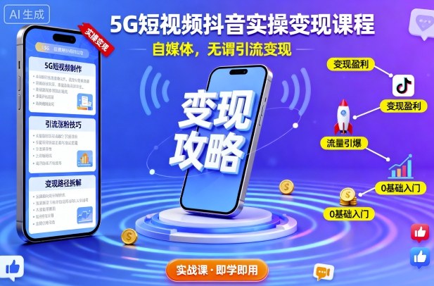 5G短视频抖音实操变现课程，自媒体，无谓引流变现-优优云网创