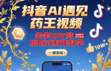 抖音AI遇见药王视频，条条10W赞，快速起千粉万粉号，傻瓜式制作教学-优优云网创