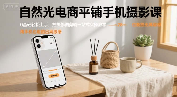 自然光电商平铺手机摄影课，0基础轻松上手，拍摄修图剪辑一站式实操教学，用手机也能拍出高级感-优优云网创
