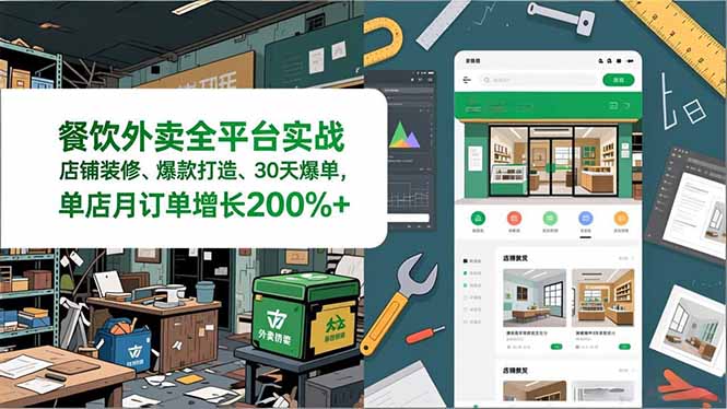 餐饮外卖全平台实战，店铺装修、爆款打造、30天爆单，手把手教学，单店月订单增长200%+-优优云网创