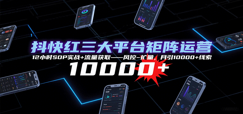 抖快红三大平台矩阵运营，12小时SOP实战+流量获取-风控-扩量，月引10000+线索-优优云网创