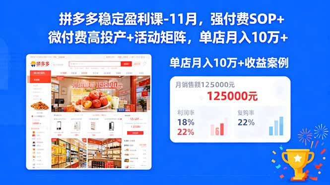 拼多多稳定盈利课-11月，强付费SOP+微付费高投产+活动矩阵，单店月入10万+-优优云网创