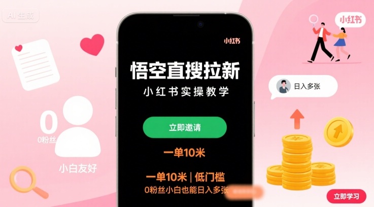 悟空直搜拉新小红书实操教学，一单10米，低门槛，0粉丝小白也能日入多张-优优云网创
