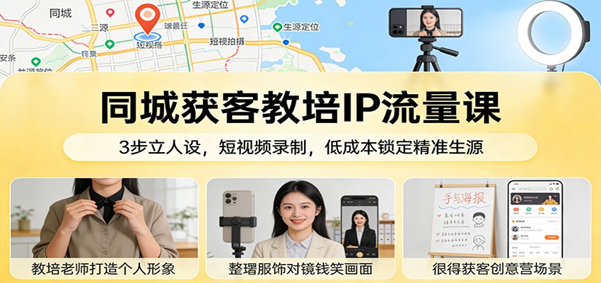 同城获客教培IP流量课：3步立人设，短视频录制，低成本锁定精准生源-优优云网创