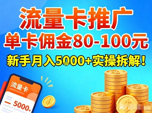 流量卡推广，单卡佣金80-100，新手月入5k+实操拆解！-优优云网创