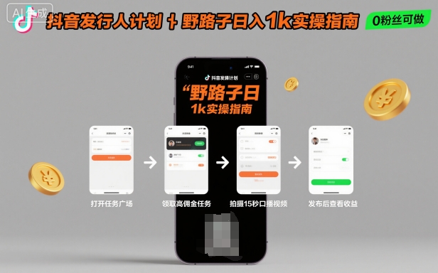 抖音发行人计划全新野路子玩法，随时随地，只要有手机，就能操作，日入1k+【揭秘】-优优云网创