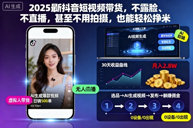 2025最新抖音短视频带货，不露脸、不直播，甚至不用拍摄，也能轻松挣米-优优云网创