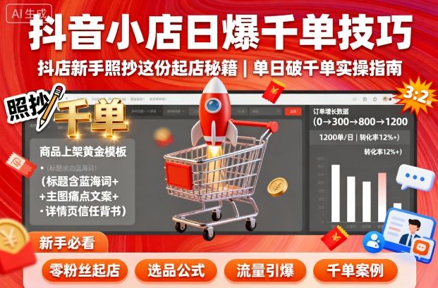 抖音小店日爆千单技巧，抖店新手照抄这份起店秘籍，单日破千单-优优云网创