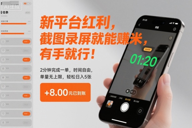 新平台红利，截图录屏就能賺米，有手就行！2分钟完成一单，时间自由，单量无上限，轻松日入5张【揭秘】-优优云网创
