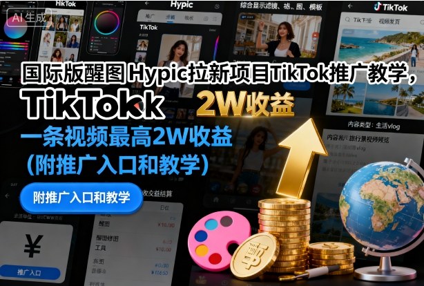 国际版醒图Hypic拉新项目TikTok推广教学，一条视频最高2W收益(附推广入口和教学)-优优云网创