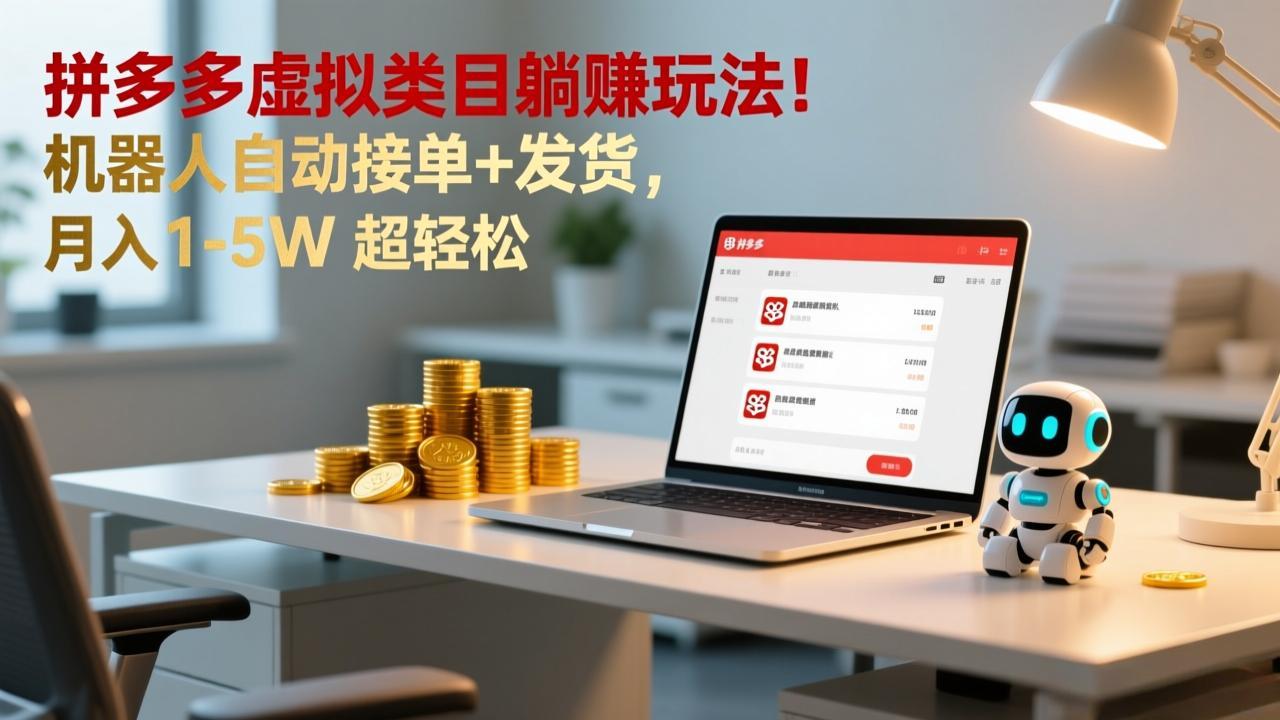 多多虚拟类目躺赚玩法！机器人自动接单+发货，月入 1-5W 超轻松-优优云网创