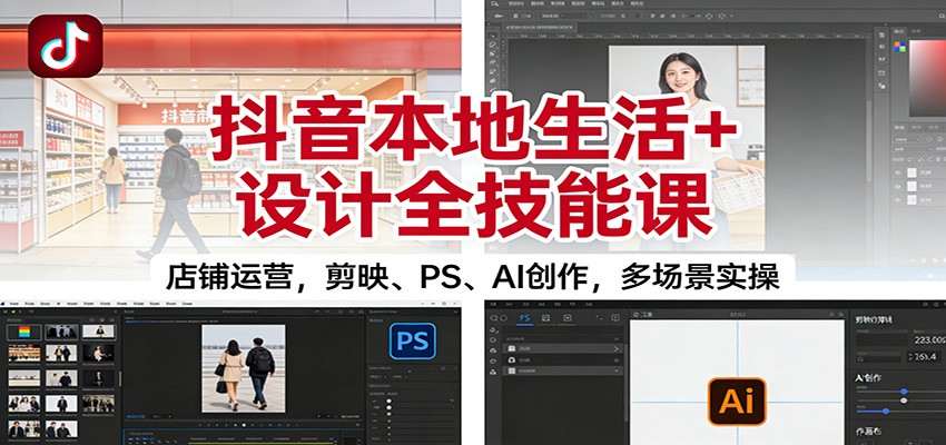 抖音本地生活+设计全技能课:店铺运营,剪映、PS、AI创作,多场景实操-优优云网创