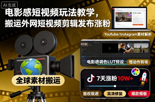 电影感短视频玩法教学，搬运外网短视频剪辑发布涨粉-优优云网创