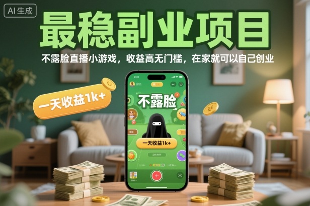 最稳副业项目，不露脸直播小游戏，收益高无门槛，一天收益1k+，在家就可以自己创业【揭秘】-优优云网创