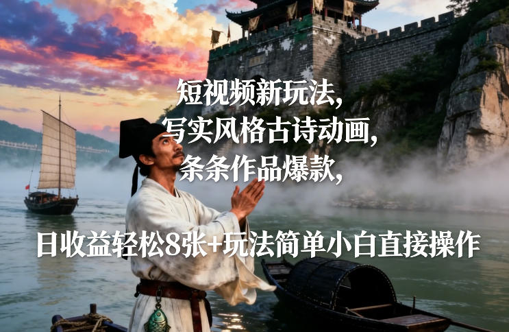 短视频新玩法，写实风格古诗动画，条条作品爆款，日收益轻松8张+玩法简单小白直接操作-优优云网创