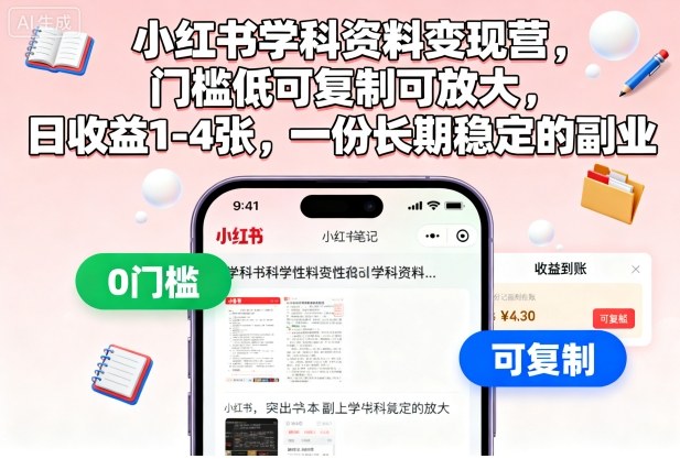 小红书学科资料变现营，门槛低可复制可放大，日收益1-4张，一份长期稳定的副业-优优云网创