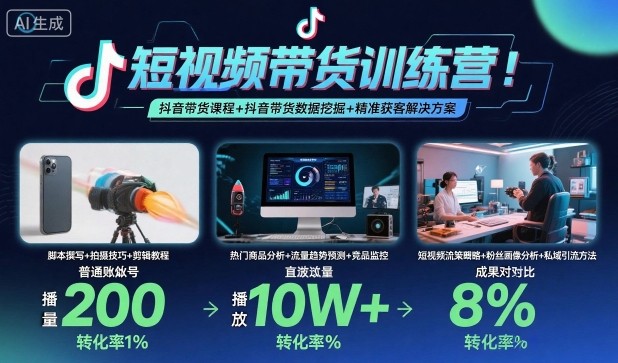 短视频带货训练营，抖音带货课程+抖音带货数据挖掘+精准获客解决方案-优优云网创