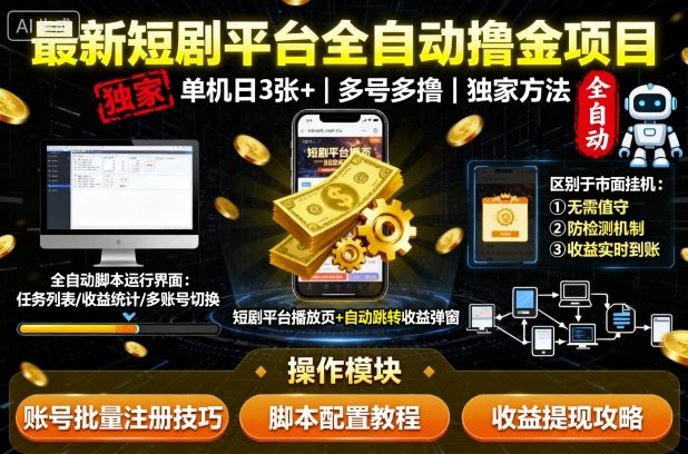 最新短剧平台全自动挂G撸金项目，单机一天3张+，多号多撸，区别于市面所有挂机项目，独家方法【揭秘】-优优云网创