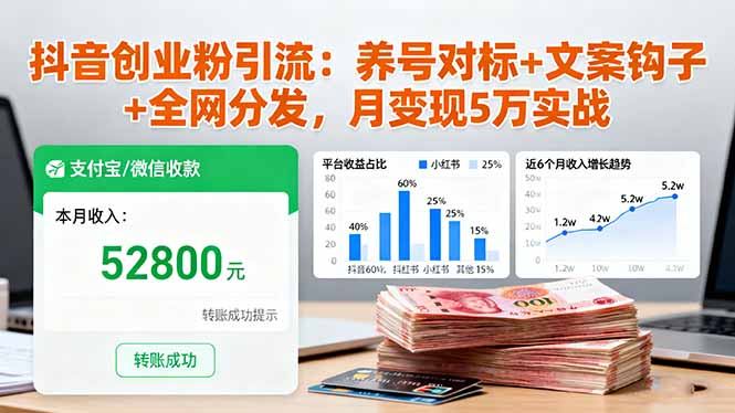 抖音创业粉引流：养号对标+文案钩子+全网分发，月变现5万实战-优优云网创