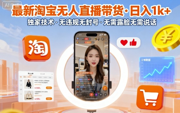 最新淘宝无人直播带货,日入1k+,独家技术,无违规无封号,无需露脸无需说话【揭秘】-优优云网创