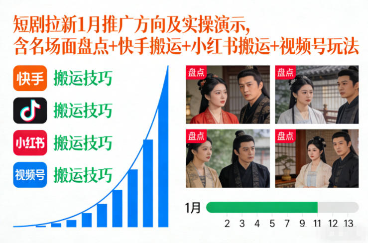 短剧拉新1月推广方向及实操演示,含名场面盘点+快手搬运+小红书搬运+视频号玩法-优优云网创