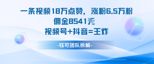 一条视频18W点赞，涨粉6.5W粉佣金8541米，视频号+抖音=王炸-优优云网创