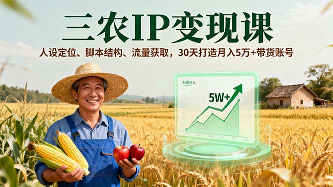 三农IP变现课，人设定位、脚本结构、流量获取，30天打造月入5万+带货账号-优优云网创