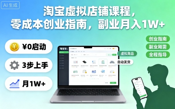淘宝虚拟店铺课程，零成本创业指南，副业月入1W+-优优云网创