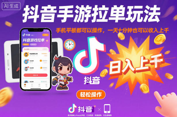 抖音手游拉单玩法，手机平板都可以操作，一天十分钟也可以收入上K【揭秘】-优优云网创