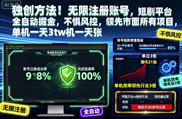 独创方法!无限注册账号,短剧平台全自动掘金,不惧风控,领先市面所有项目,单机一天3张【揭秘】-优优云网创